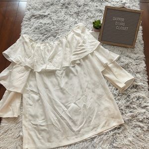 White ruffle sleeve off the shoulder dress
